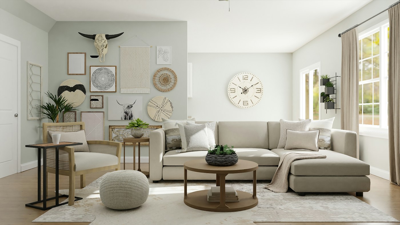 Bright living room with a large window and warm natural finishes